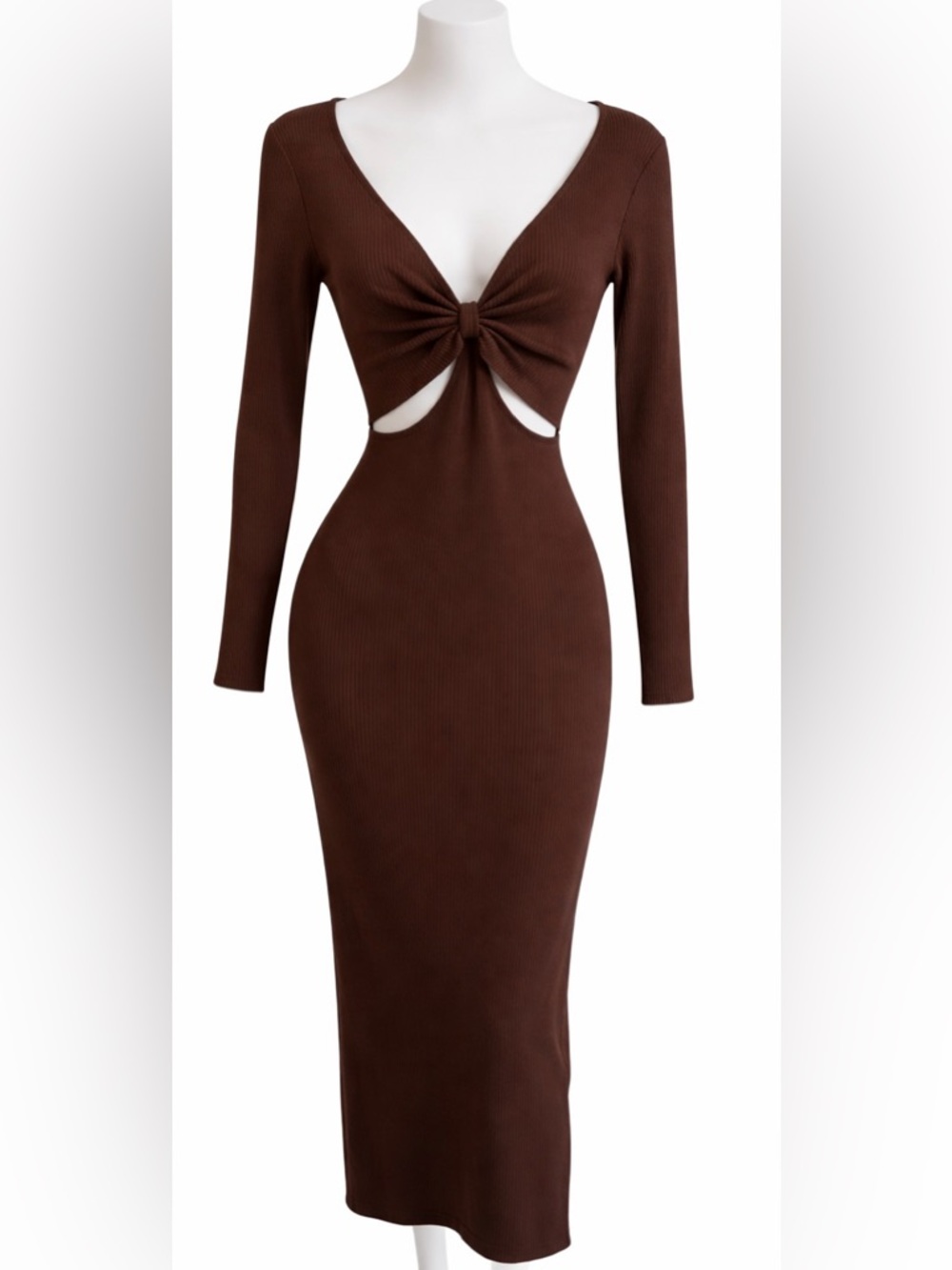 Knot-Front Brown Long-Sleeve Midi Dress
